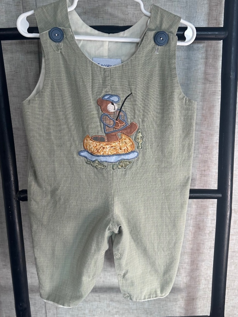 Boutique Boys Jon Jon Fishing Bear Romper Canoe Appliqué Green Classic Outfit